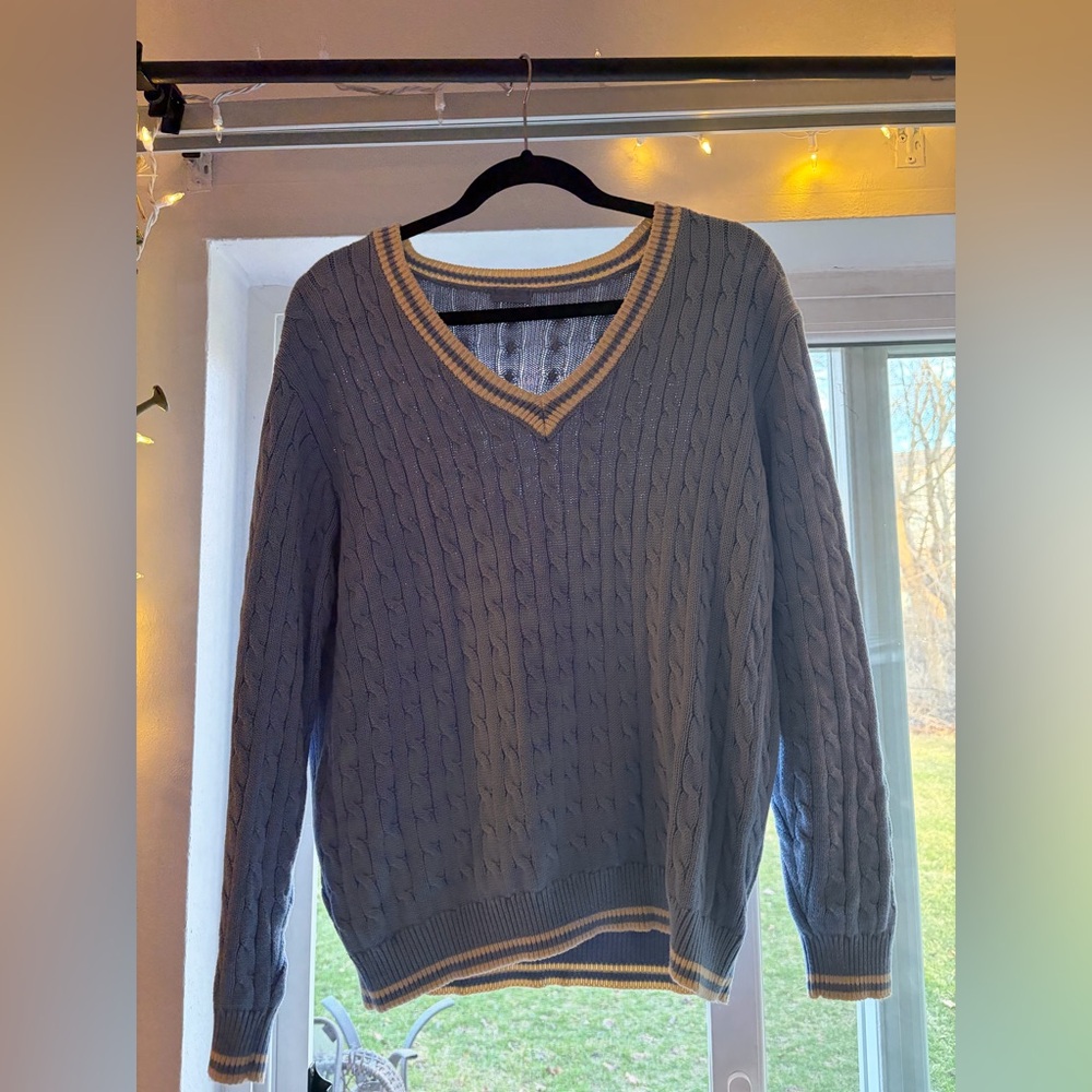 Brandy Melville Light Blue Cable-Knit V-Neck Sweater with Cream Trim